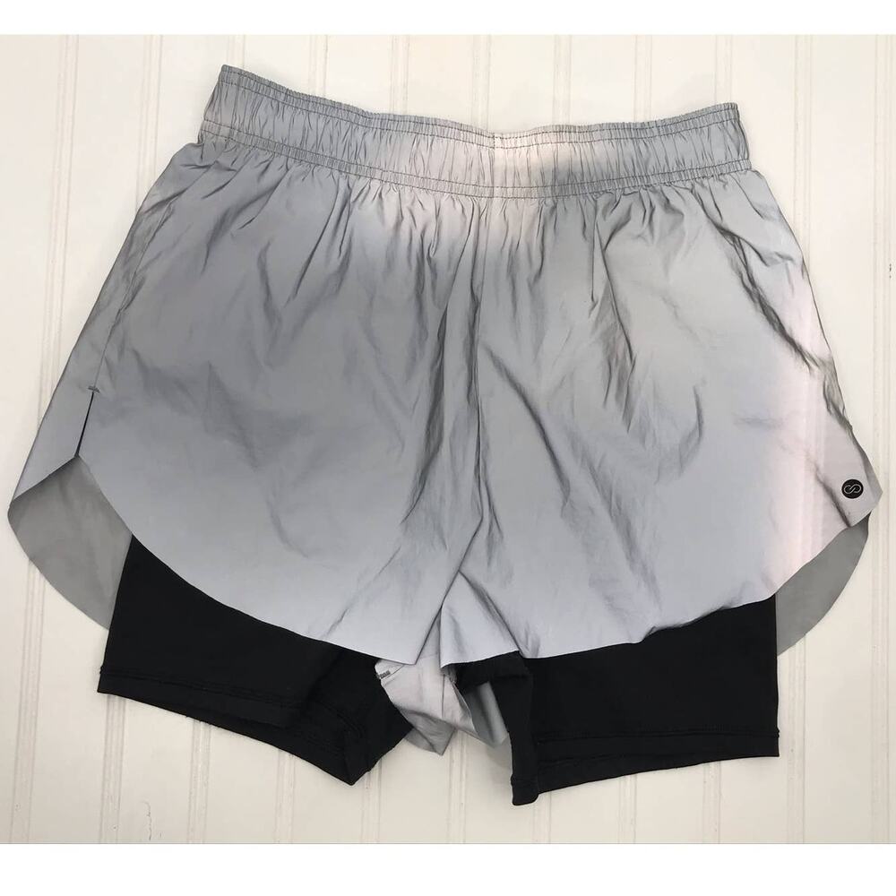 Calia Silver Reflective Layered Running Shorts Womens S